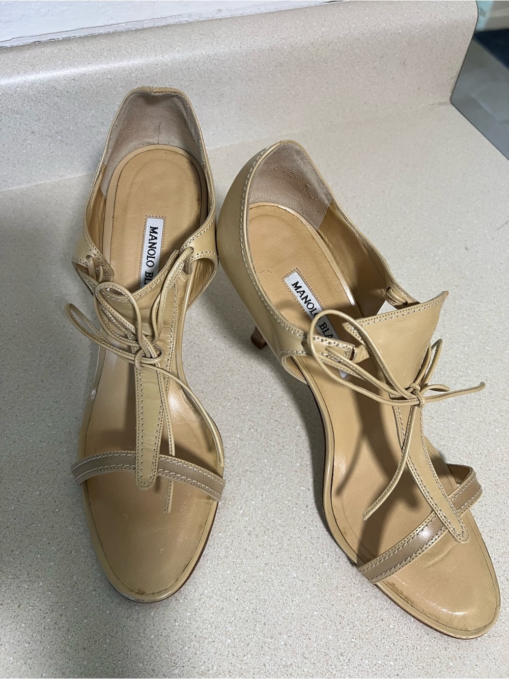 Manolo Blahnik Beige Leather Lace-Up T-Strap Heels
